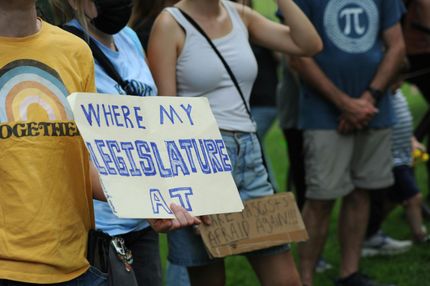 Protest signs listing rights: Democracy, women, LGBTQ, veterans, education, human, social security, elections; 