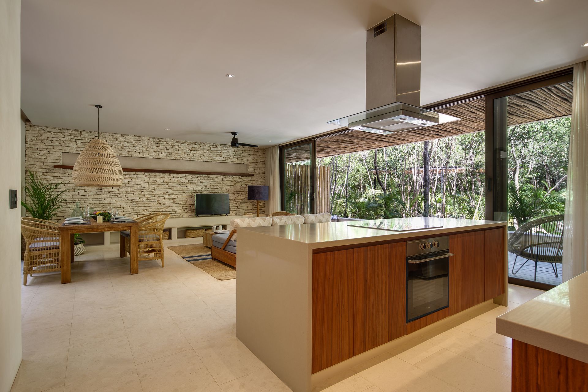 A kitchen with a large island in the middle of the room.