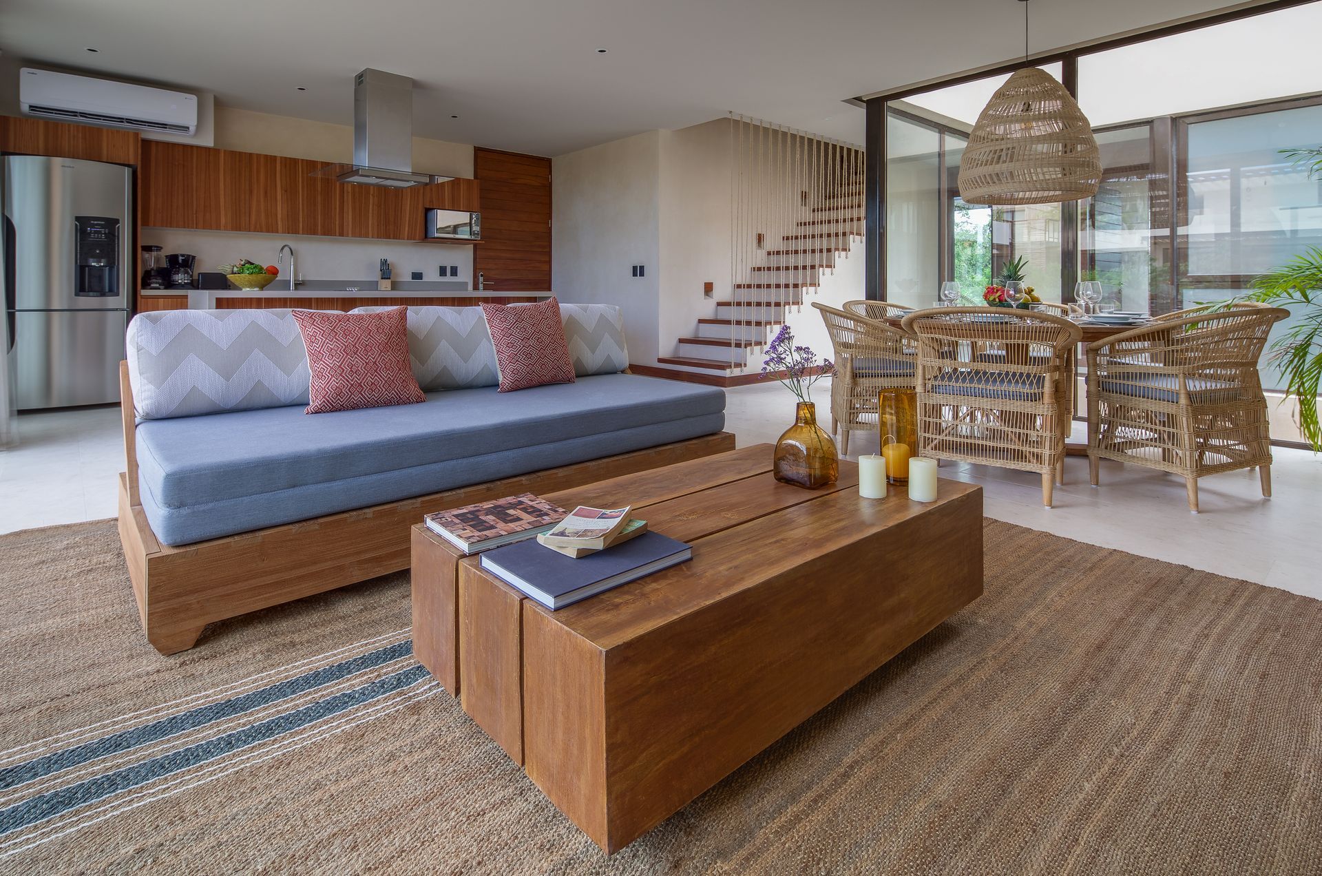 A living room with a couch and a coffee table