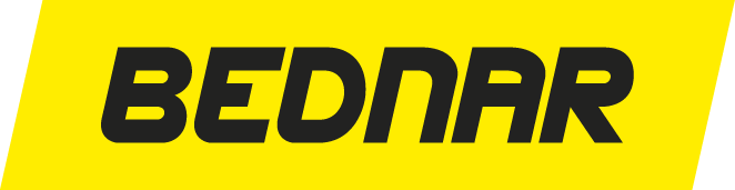 Logo for BEDNAR in black text on a yellow angled rectangle.