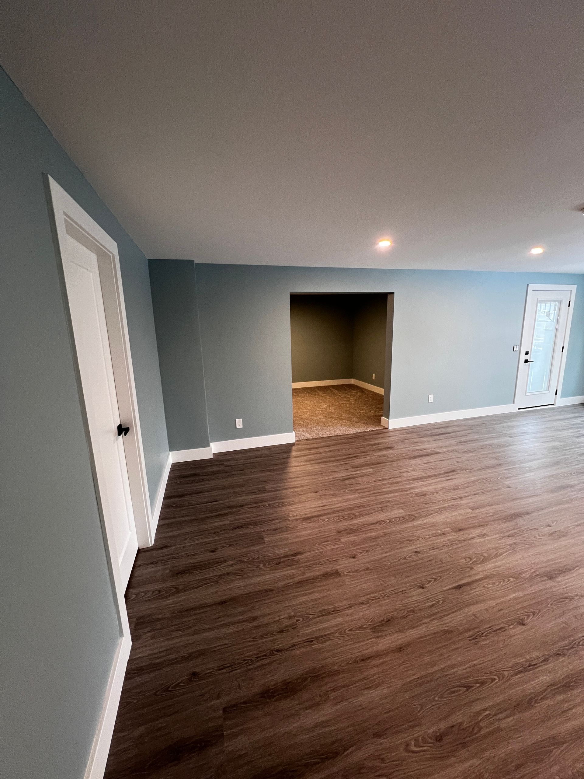 Basement suite with dark grey/brown vinyl flooring with white doors and blue walls, brown carpet and recessed lighting.
