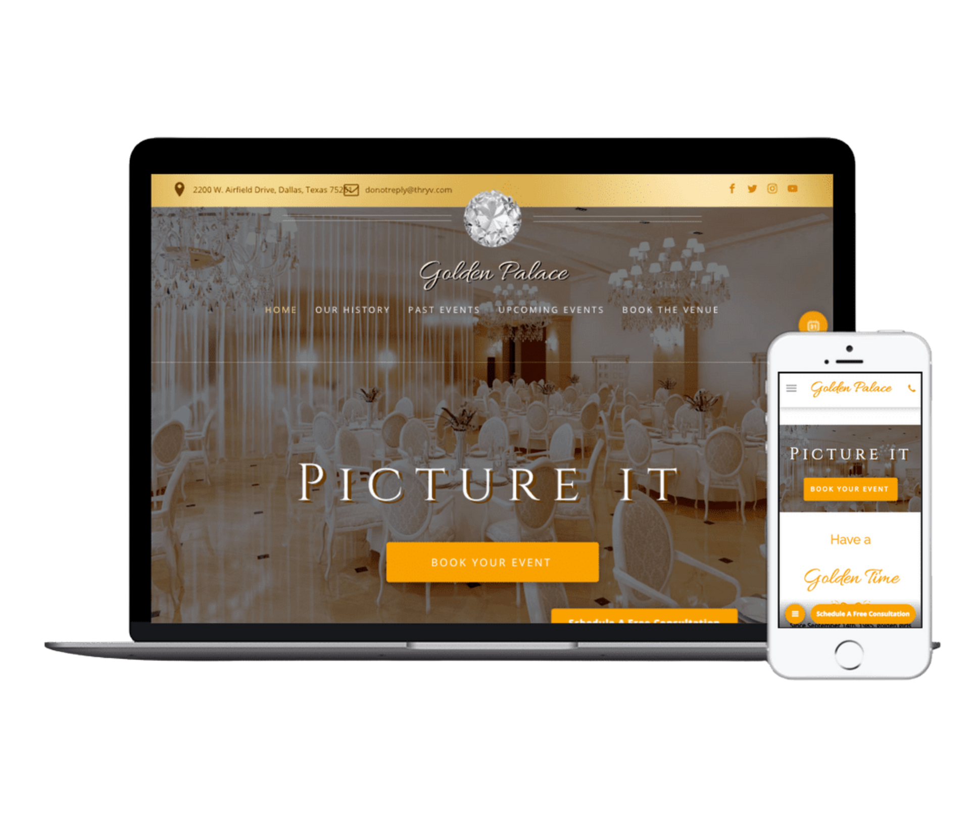 A laptop and smartphone displaying the Golden Palace website, featuring an elegant, gold-themed ballroom event interface.
