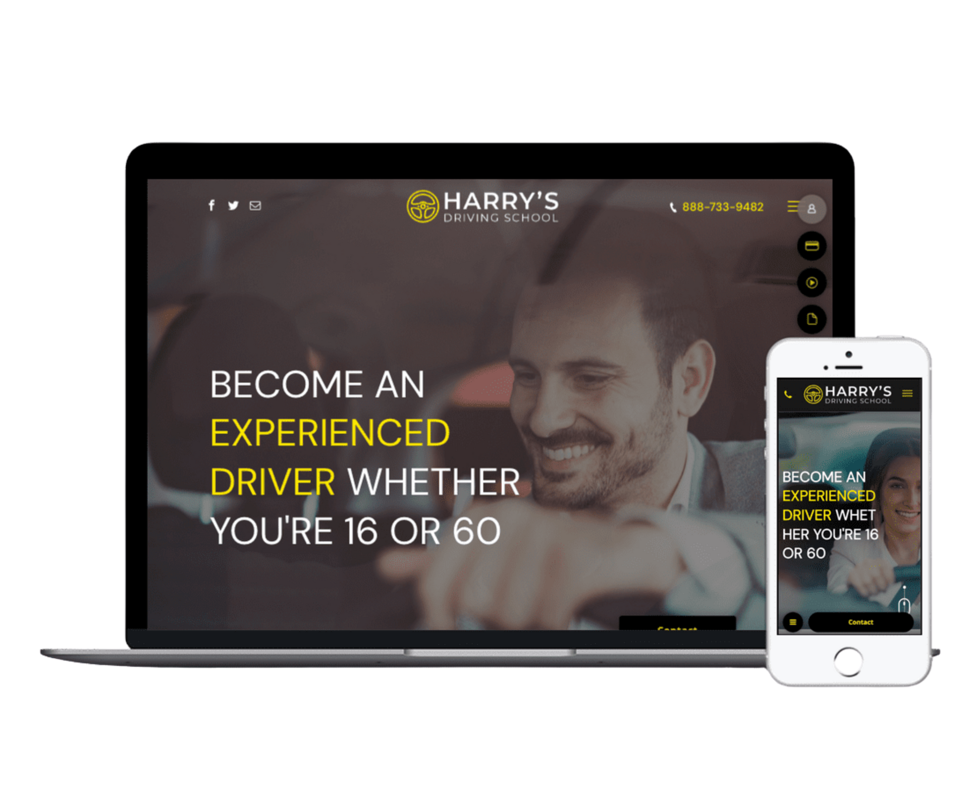 Laptop and phone displaying a driving school website: Man smiling, text "Become an Experienced Driver."