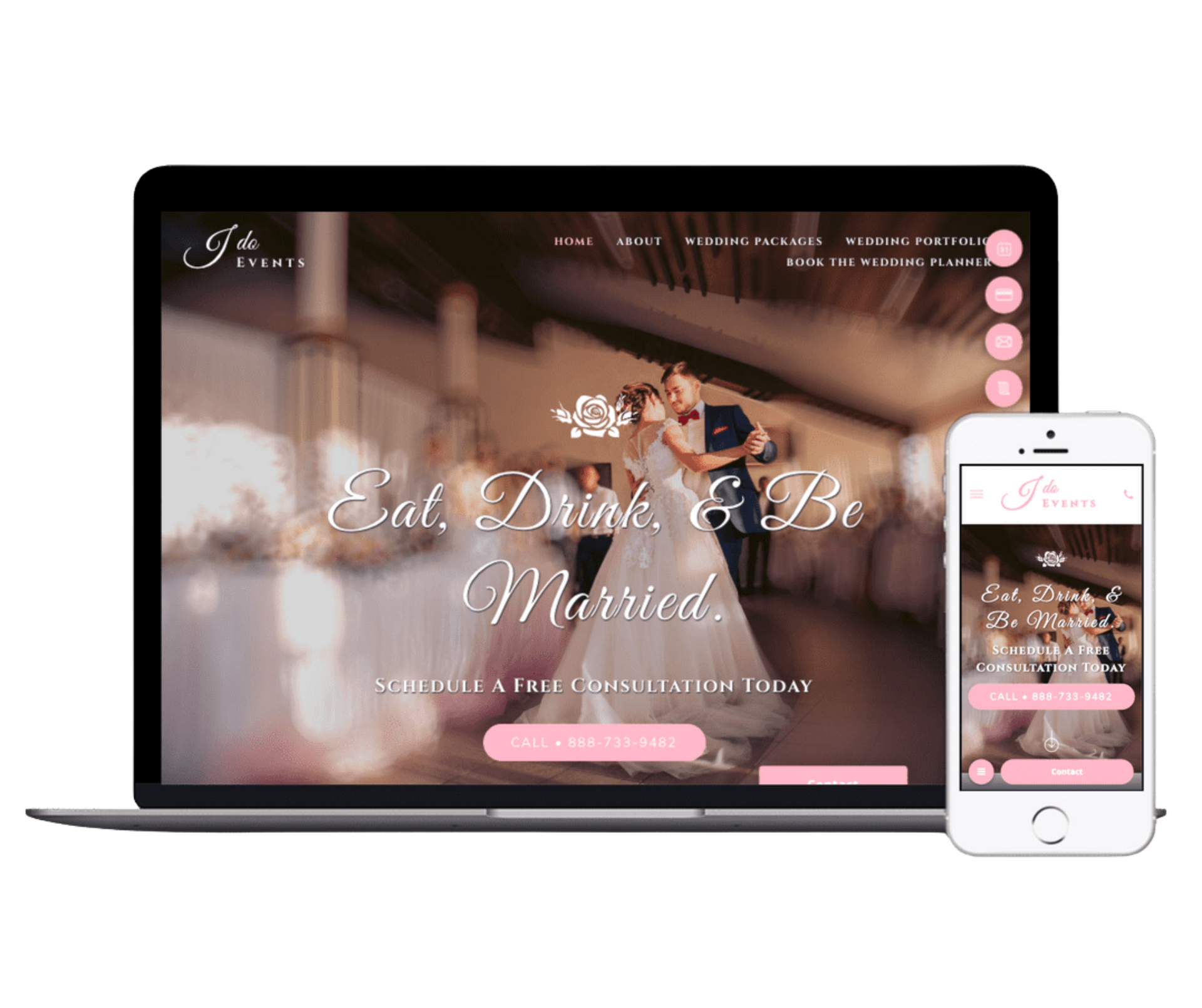 Website design for wedding event, laptop and phone. "Eat, Drink, & Be Married" text, pink accents.
