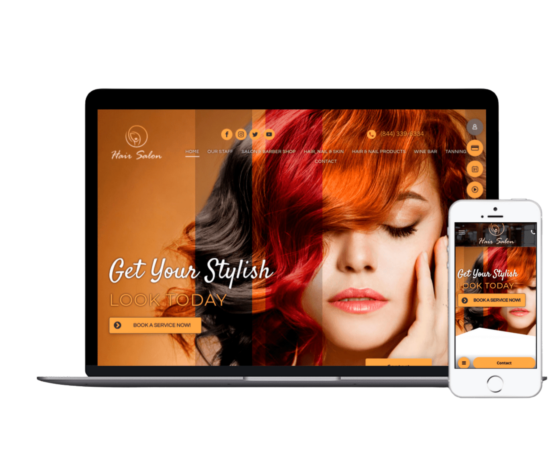 Website showcasing a woman with colorful hair, displayed on a laptop and smartphone. The website encourages bookings.