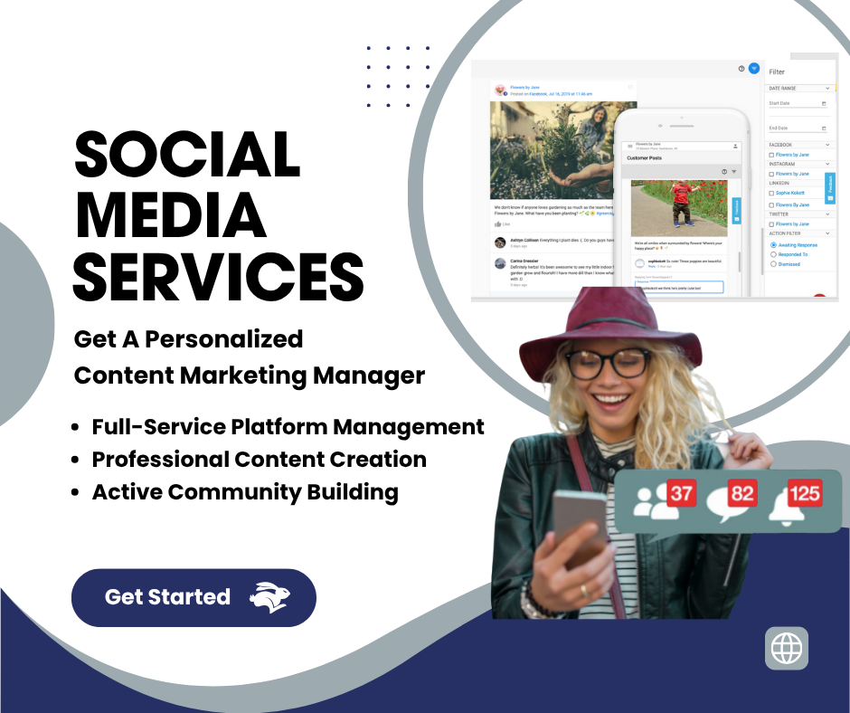 Social media services ad. Smiling woman holds phone, overlaid with social media icons and text. Social media services ad. Smiling woman holds phone, overlaid with social media icons and text.