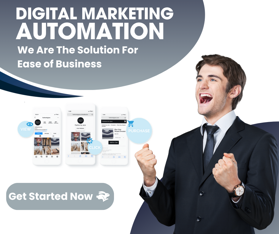 Digital marketing automation advertisement. Man in suit excited, near phone mockups, blue/gray design. 