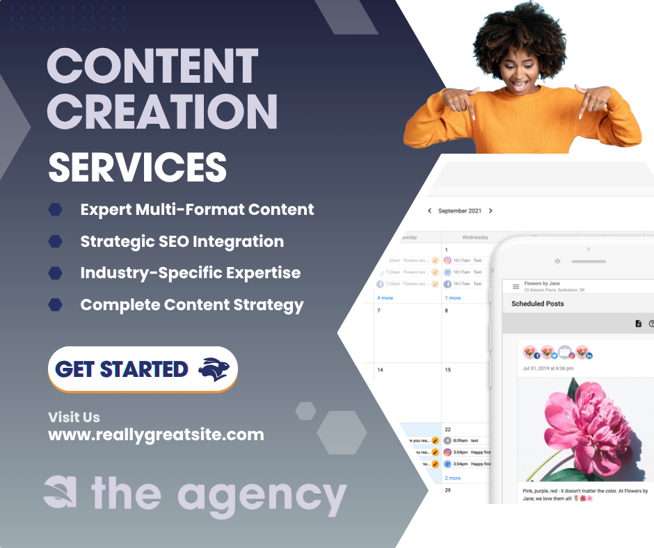 Content creation services ad with a woman pointing down at a phone screen. Content creation services ad with a woman pointing down at a phone screen.