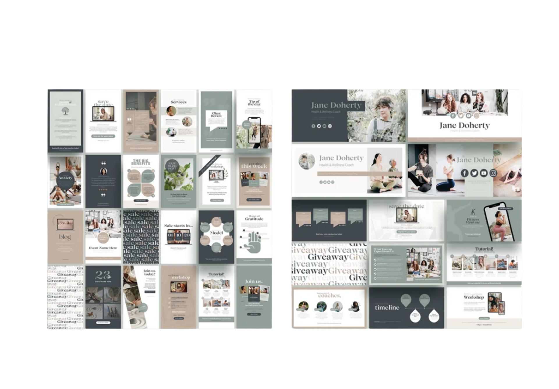 Mockups of social media posts, stories, and presentations in neutral colors with images and text.