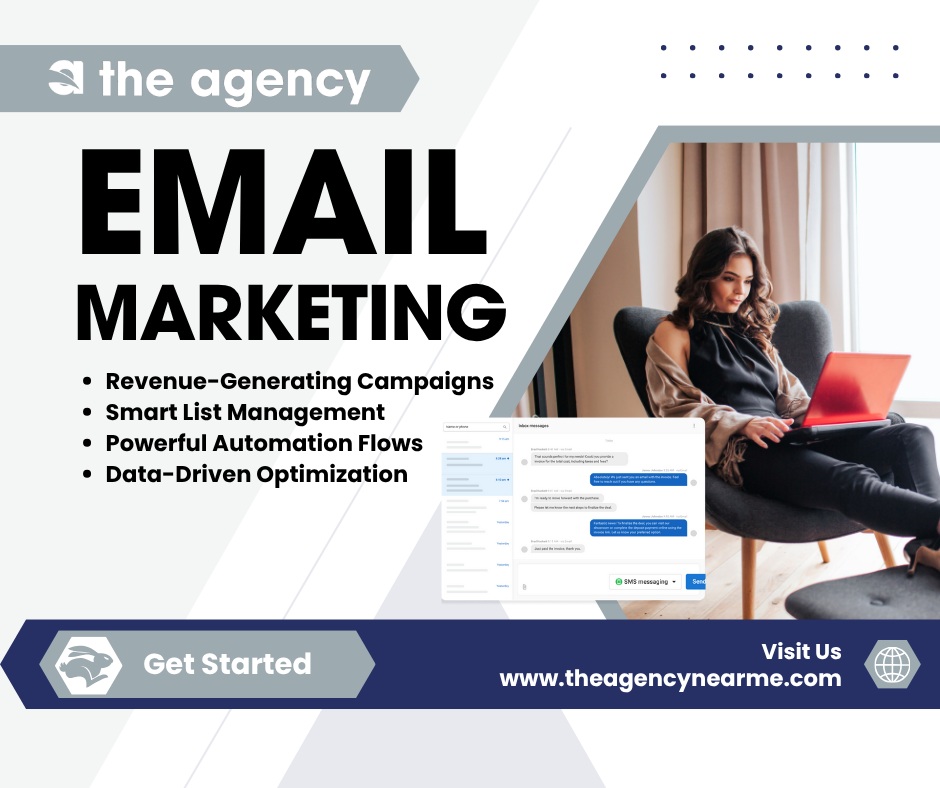 Email marketing ad. Woman on laptop, email dashboard graphic, bold text. Dark blue, white, and gray. Email marketing ad. Woman on laptop, email dashboard graphic, bold text. Dark blue, white, and gray.