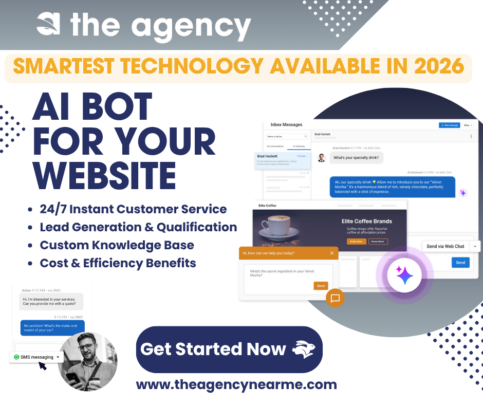 Advertisement for AI bot for website. Shows chatbot interface, benefits, and call to action.