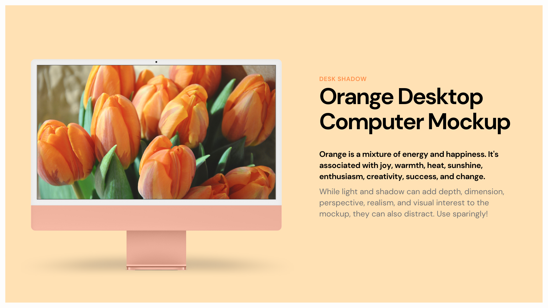 An orange desktop computer mockup with a picture of orange tulips on the screen.