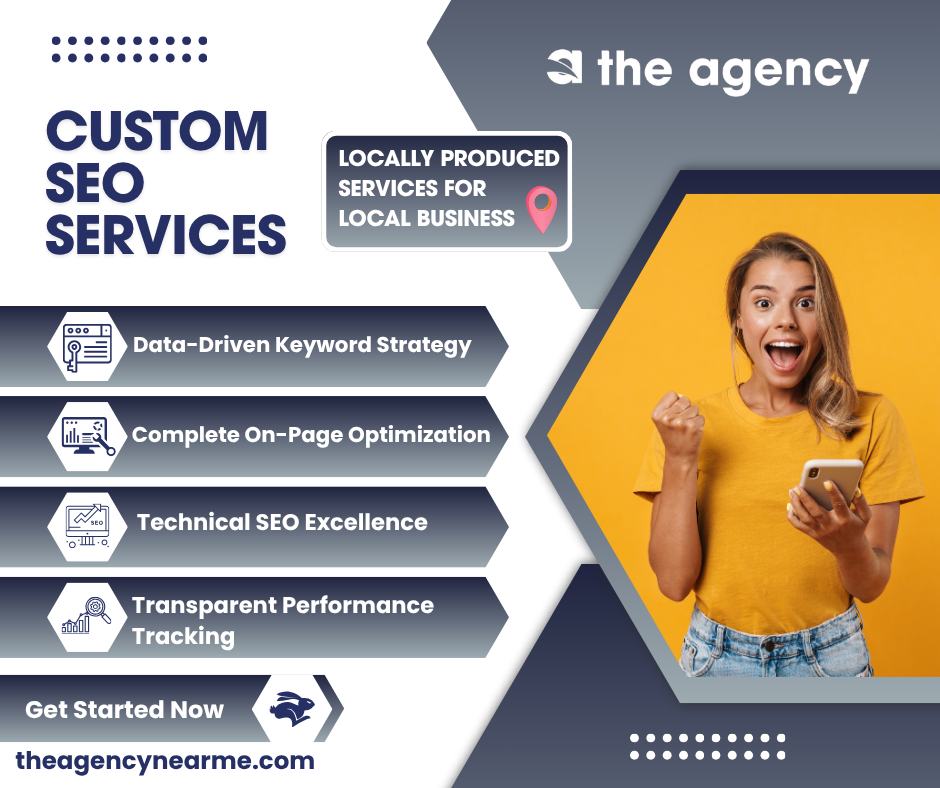 SEO services ad with woman cheering, keywords, and local business focus. SEO services ad with woman cheering, keywords, and local business focus.