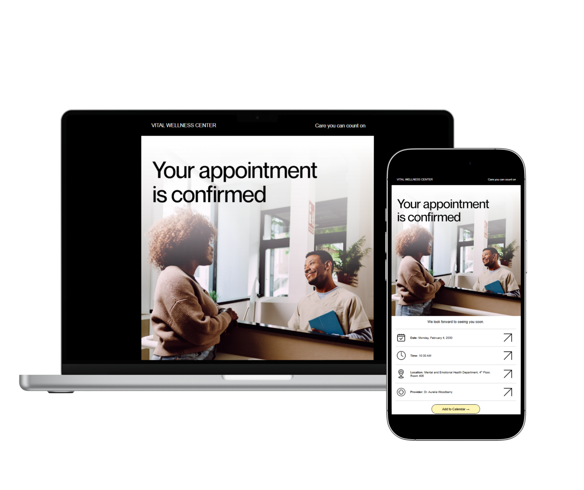 Laptop and phone showing a confirmed appointment email from Vital Wellness Center. Laptop and phone showing a confirmed appointment email from Vital Wellness Center.