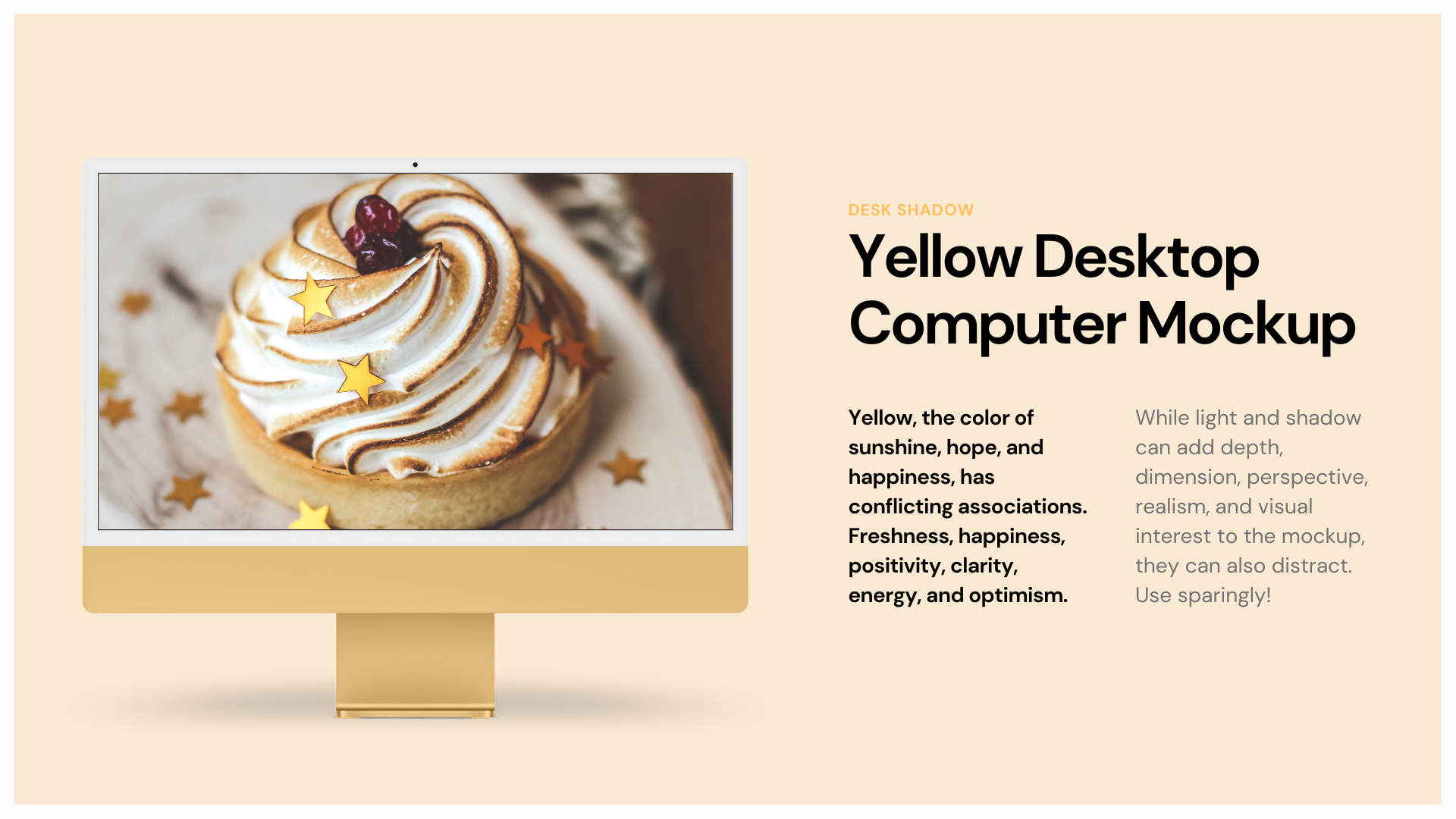 A yellow desktop computer mockup with a picture of a cupcake on it.