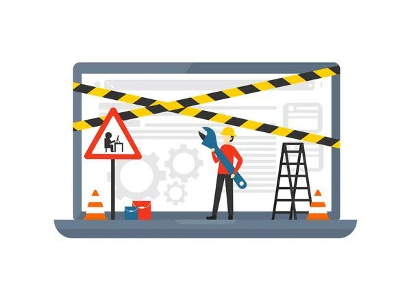 Laptop with maintenance symbols and a person holding a wrench. Website under construction with caution tape.