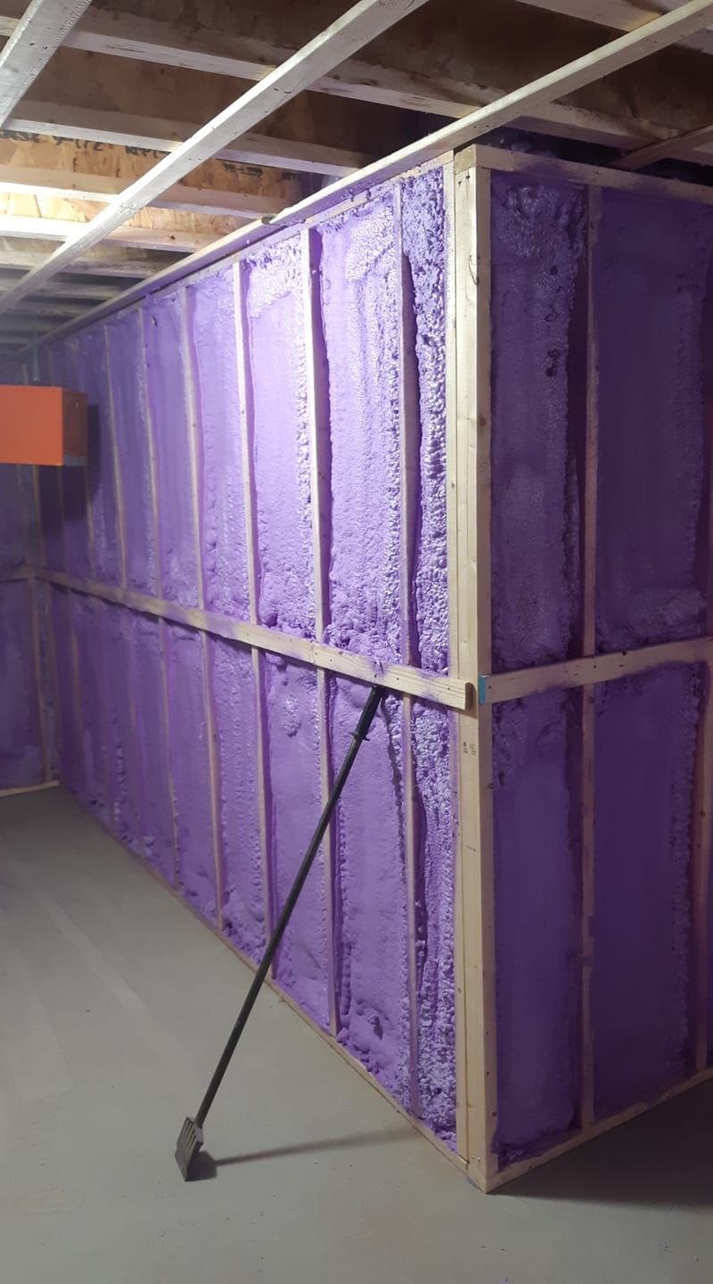 Les murs d'une pièce sont encadrés de bois et remplis d'isolant en mousse pulvérisée violette, suggérant un projet d'insonorisation.