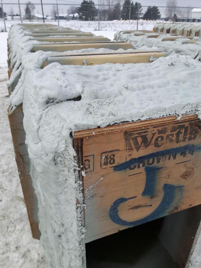 Caisses en bois recouvertes de mousse gelée, dans un décor extérieur enneigé.