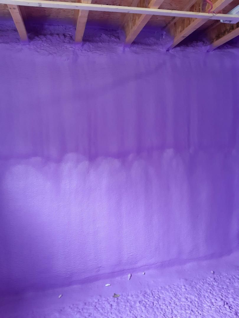 Isolant en mousse projetée violette appliqué sur un mur, recouvrant la surface. Poutres en bois au sommet.
