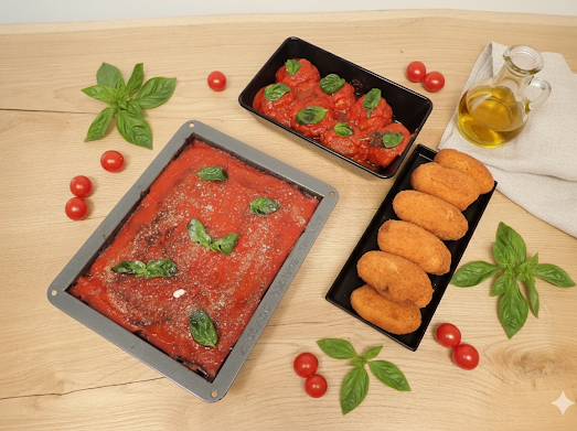 Parmigiana di melanzane, polpette al sugo e cannelloni gratinati su una superficie di legno.
