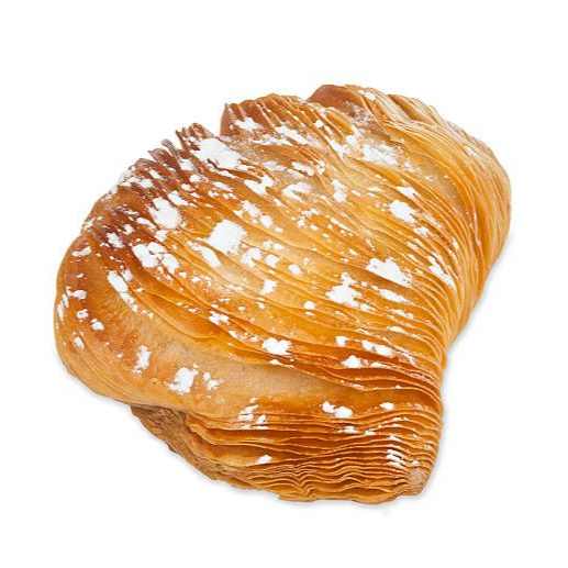Pasta frolla, una sfogliatella, a strati, spolverata di zucchero a velo.