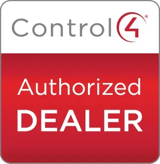 Control4 Authorized Dealer logo with white text on a red background, and the brand name on top.
