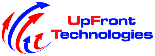 Logo of UpFront Technologies: Curved arrows (red, blue) ascending; Text: "UpFront Technologies"