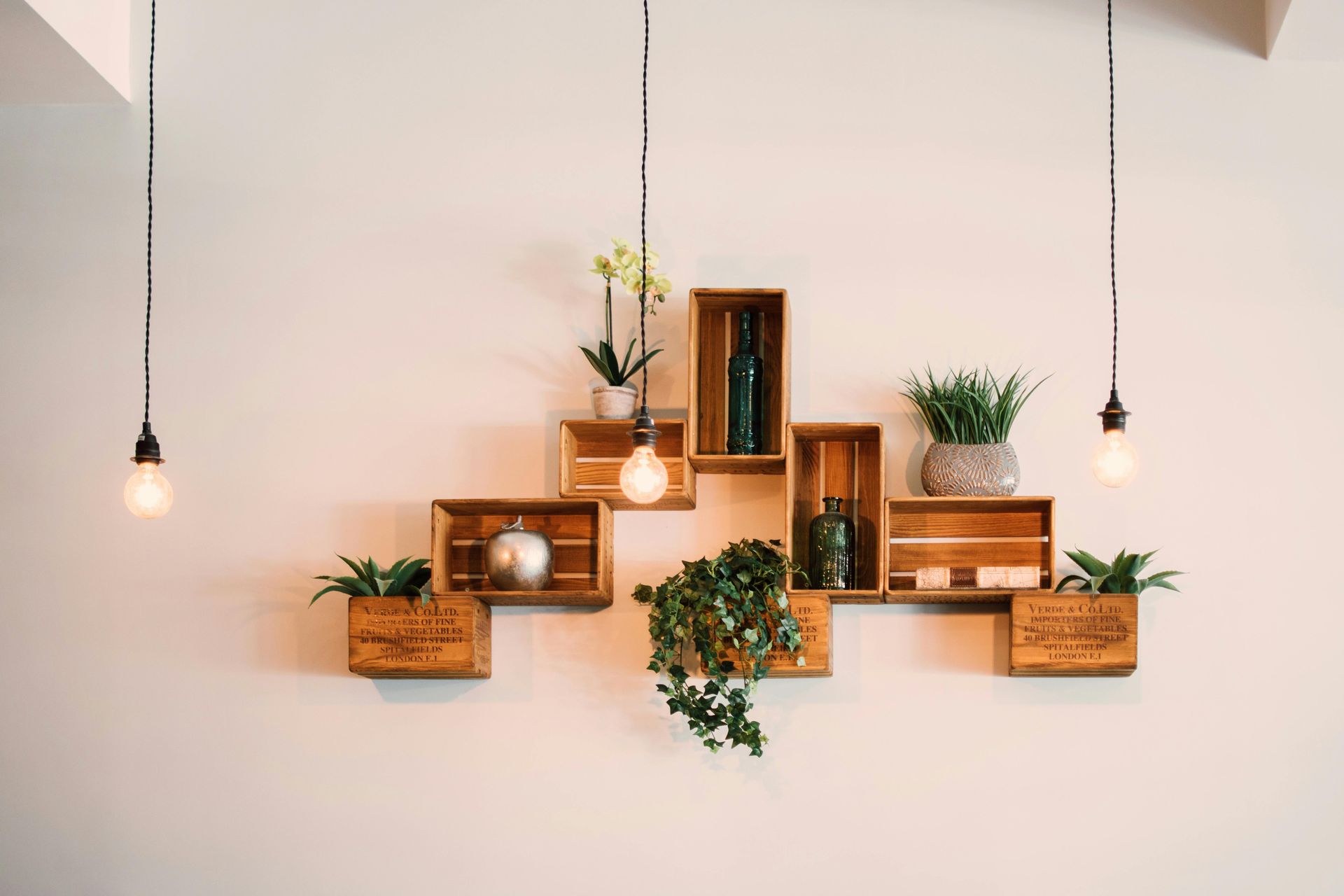 Wooden crates arranged on a white wall, holding plants and decorations, with hanging light bulbs.