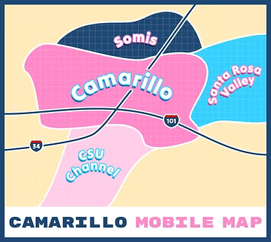 Map of Camarillo, California, showing surrounding areas Somis, Santa Rosa Valley, and CSU Channel Islands, with Highway 101.