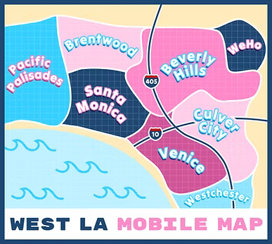 Map of West LA neighborhoods, color-coded, with labels including Santa Monica, Venice, and Beverly Hills.