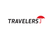 Travelers Insurance logo: Black text with a red umbrella icon.