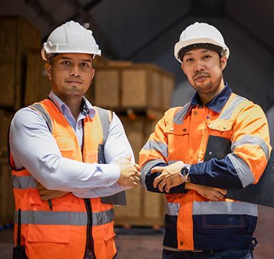 Two workers in hard hats and safety vests, arms crossed, standing in warehouse.