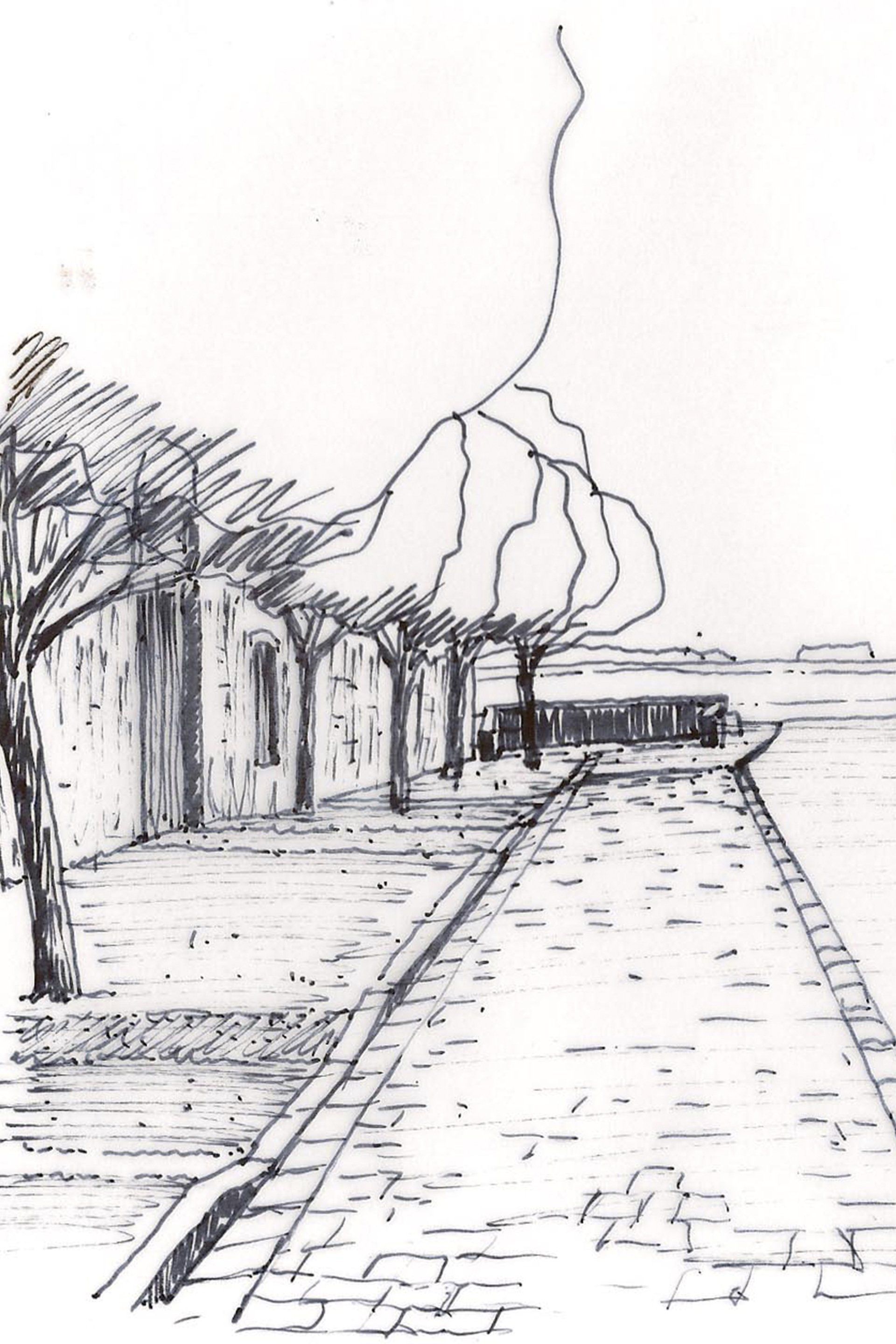 Un dessin en noir et blanc d'une rue pavée avec des arbres