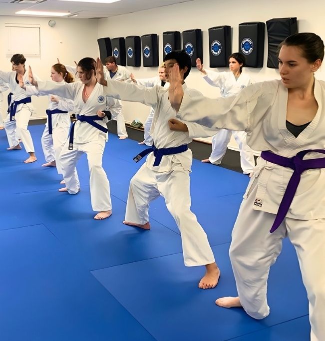 Family in Jiu-Jitsu gis poses. Indoors, blue mats, a smiling woman in the middle, around a seated man with a beard.