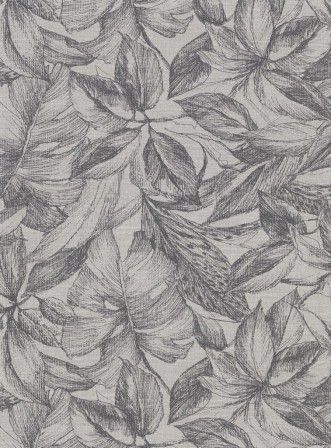 Gray and white fabric with a repeating pencil-sketch floral design.