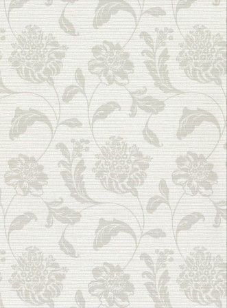 Cream-colored wallpaper with a floral damask pattern in a lighter cream shade.
