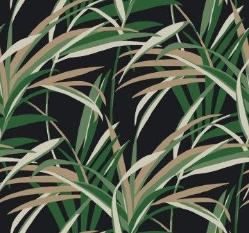 A seamless pattern of long, slender green and tan palm leaves overlapping against a solid black background.