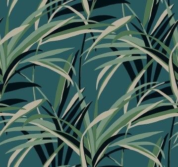 A seamless pattern of long, pointed palm leaves in shades of dark green, sage, and off-white against a deep teal background.