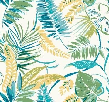 Tropical leaf pattern with shades of teal, lime green, and pale yellow on a white background.