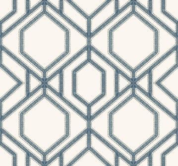 A seamless geometric wallpaper pattern with blue, textured lines forming an interlocking hexagonal grid on a cream background.