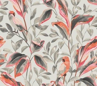 A watercolor pattern of salmon-colored parrots perched among grey and coral tropical leaves on a light beige background.