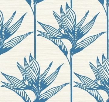 Wallpaper pattern featuring stylized blue bird of paradise flowers on a textured off-white background.