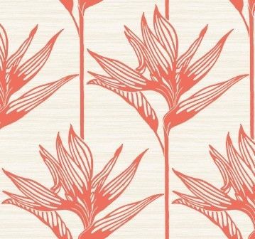 Pattern of orange, line-drawn tropical flowers on a light, cream-colored background with a subtle, textured horizontal grain.