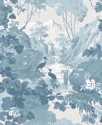A blue and white toile wallpaper pattern featuring two birds in a stream surrounded by lush trees and distant mountains.