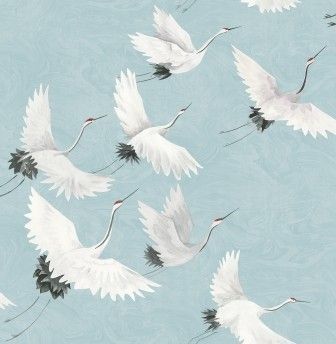 A pattern of white cranes in various flight poses against a pale blue background.