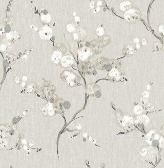 A wallpaper pattern featuring white, painterly cherry blossom branches on a light beige, textured background.