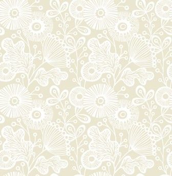 A repeating pattern of white stylized flowers and leaves on a soft beige background.