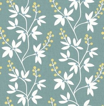 A seamless wallpaper pattern of stylized white botanical leaves and small yellow berries on a dusty blue background.