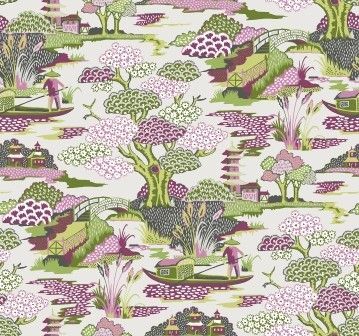A repeating pattern featuring East Asian landscapes with boats, pagodas, bridges, and stylized trees in green and purple.