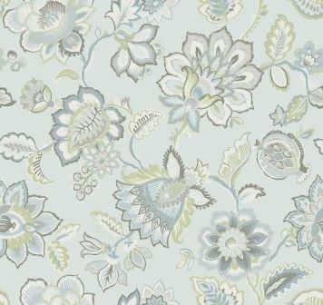 A seamless floral wallpaper pattern featuring stylized blossoms and leaves in muted shades of sage green, blue, and gray.